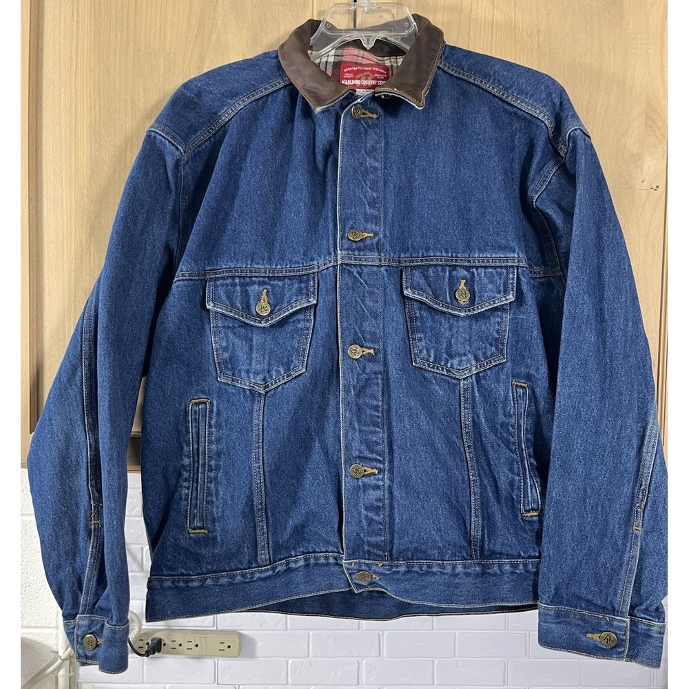 Marlboro Country Store Denim Jacket‎ Mens XL Blue Leather Collar Flannel